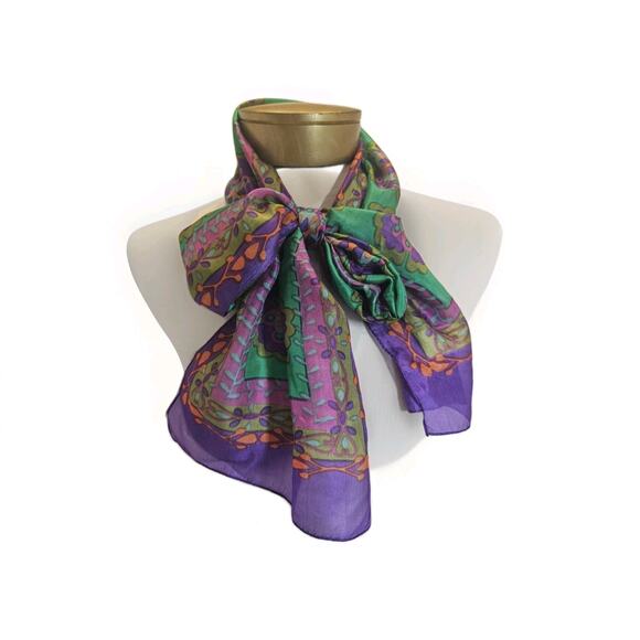 NATURAL LIFE Silk Purple Green w/Hot Pink Print Versatile Scarf Boho Women's NWT - Picture 1 of 9